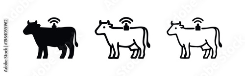 Smart cattle tracking device icon set. Livestock health and location monitoring.