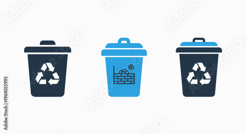 Set of recycling bin icons representing waste management, environmental protection, and sustainability efforts