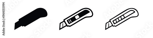 Box cutter utility knife icon set. Essential cutting and opening tool.