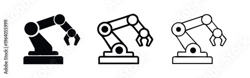 Automated industrial robot arm icon set. Advanced manufacturing and assembly.