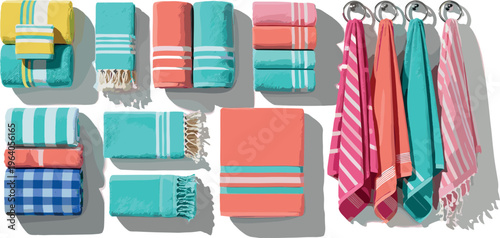 Colorful folded towels and hanging bath linens collection with striped patterns soft fabric home textile vector illustration