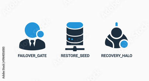 Data management and recovery icons: failover gate, restore seed, and recovery halo for cloud computing and system resilience