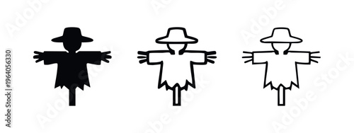 Scarecrow icon set. Symbol of autumn harvest, farm protection, and rural farming element.