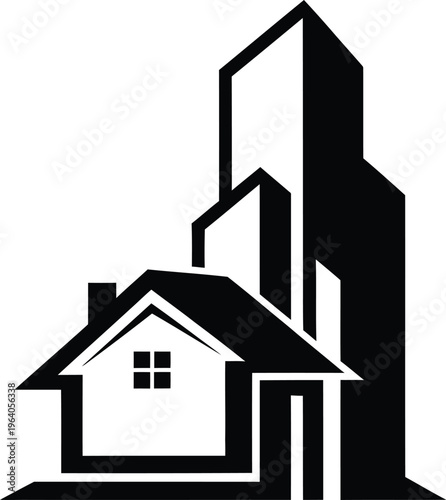 A black and white illustration of a house and skyscrapers in a modern cityscape