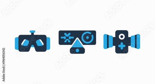 Flat design icons for virtual reality headsets, interactive control panels, and modern digital cameras in technology-themed graphics