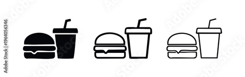 Fast food combo icon set. Burger and drink symbols for restaurant, delivery, or takeaway menu designs.