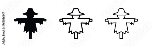 Scarecrow icon set. Symbol of autumn harvest, farm protection, and rural farming element.