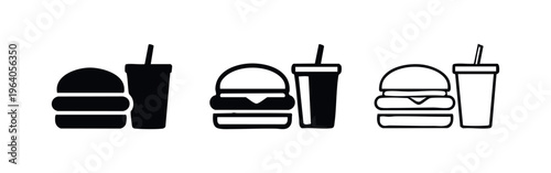 Fast food combo icon set. Burger and drink symbols for restaurant, delivery, or takeaway menu designs.