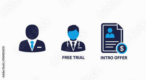 Business professional and financial offer icons, featuring human figure, free trial sign, and intro offer document, flat vector set for marketing promotions and subscription services