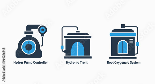 Industrial hydroponic system icons including hydro pump controller hydraulic tank and root oxygenic system for agricultural technology and water management illustration