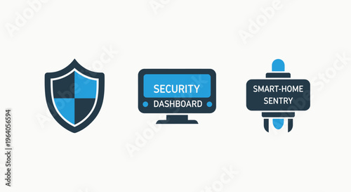 Smart home security sentry and digital protection dashboard icons including shield symbol and network monitoring interface for household safety and cyber security system surveillance graphics set