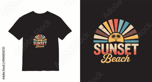 Sunset beach retro style graphic featuring palm trees silhouette and colorful sun rays backdrop