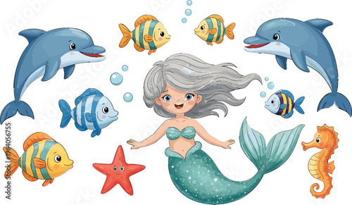 Cute Mermaid with Dolphins, Fish, and Seahorse Underwater Illustration for Kids, Ocean, and Fantasy Designs