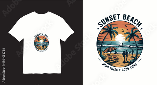 Sunset beach good times vibes t shirt design with people relaxing and palm trees by sea shore