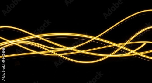 Deep black minimalistic background showcasing dynamic glowing curves of vivid gold with beautiful smooth motion blur on blacksolid background