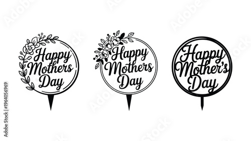 Happy mothers day cake toppers vector set, floral wreath designs, circular frames, decorative elements.