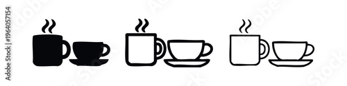 Set of Hot Coffee and Tea Icons: Steaming Mug and Cup with Saucer. Different Styles - Solid, Outline, Hand-Drawn.
