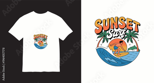 Sunset surf t-shirt design with surfer riding wave and tropical palms