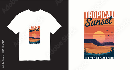 Retro tropical sunset t-shirt design with mountains and palm trees