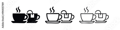 Set of Hot Tea Icons: Steaming Cups with Saucers and Teabags. Different Styles - Solid, Outline, Hand-Drawn.
