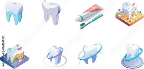 Isometric Dental Health Icon Set with Healthy Teeth, Decay, and Oral Hygiene Tools