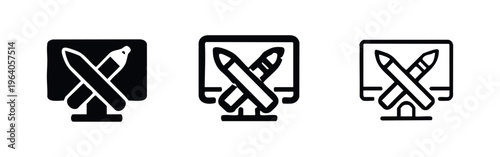 Graphic design monitor and pencils vector icon set. Creative desktop symbol for digital art.