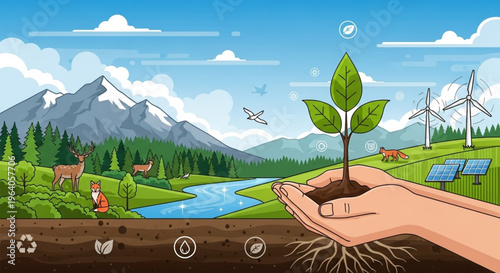 Sustainable green energy and nature restoration illustration.