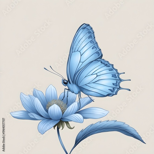 Blue Butterfly Resting on Blue Flower with Soft Harmony and Elegant Nature Detail
