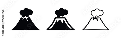 Smoking Volcano Icons Set. Black Silhouette of Active Volcano Symbol.