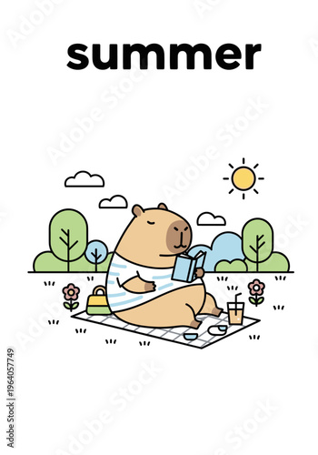 Cute capybara enjoying summer picnic outdoor kids illustration flat style