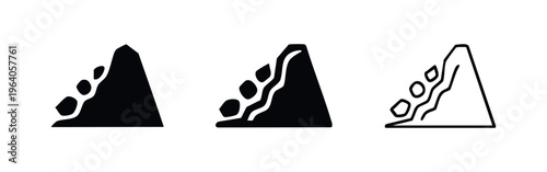 Mountain Landslide Rockfall Icons Set. Slope Collapse Warning Symbols.