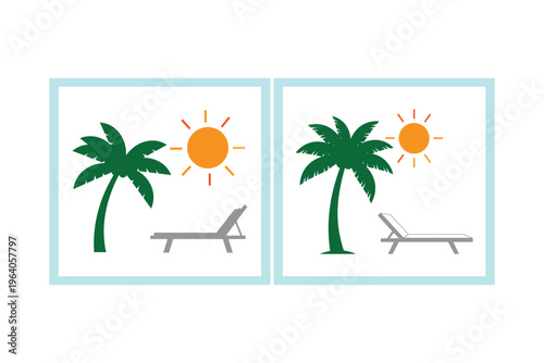 Two separate square panels featuring a minimalist green palm tree, bright sun, and beach chair Vector
