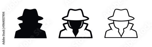 Detective Spy Icon Set. Incognito Secret Agent Symbol with Hat and Coat for Mystery