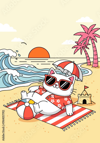 Cute cat relaxing at sunset beach with summer vibes