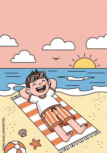 Happy boy relaxing on beach mat during summer vacation