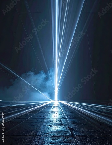 A dramatic scene of blue laser lights converging and spreading outwards, creating streaks of light against a dark background with smoke.