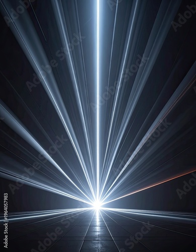 A bright white light emanates from a central point, casting linear rays across a dark, futuristic environment.