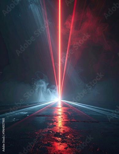 A dramatic scene with vibrant red laser beams cutting through smoky darkness, reflecting on a wet, textured surface.