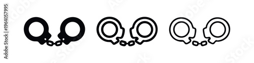 Handcuffs icon set in solid and outline styles, symbolizing arrest, crime, and security on white background.