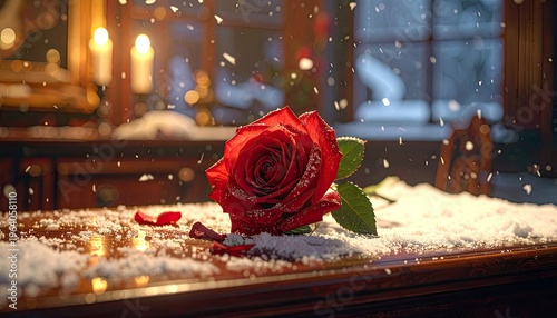 A lone red rose rests on a snow-covered wooden surface, illuminated by candlelight.