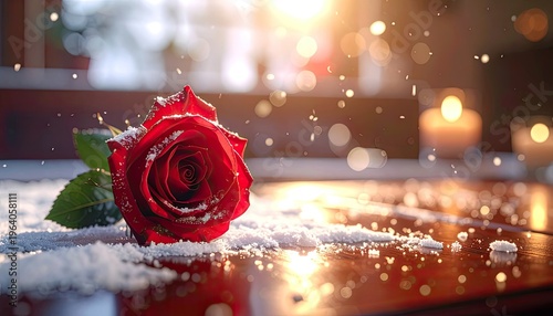 A single red rose dusted with snow rests on a table with bokeh lights.