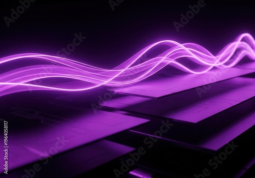 Dynamic energy waves with high intensity neon purple glow sweeping diagonally through a sleek layered depth composition on blacksolid background