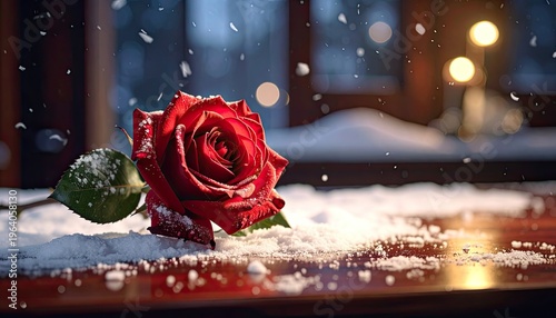 A solitary red rose rests on a surface covered in snow, with snowflakes falling gently outside a window.