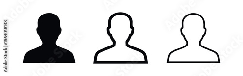 User profile icon set. Outline, glyph and silhouette human head and shoulders avatar symbols isolated on white background.