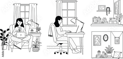 Vector illustration set of woman working from home on laptop in cozy room with plants and desk