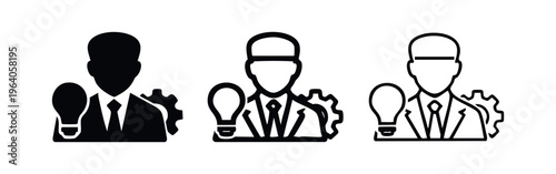 Engineer or creative idea icon set. Outline, glyph and silhouette person with lightbulb and gear symbols.