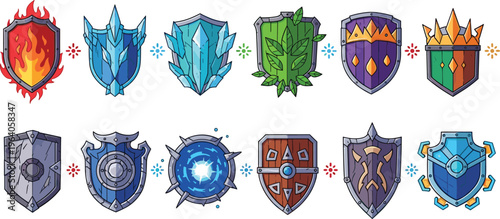 Fantasy RPG shield icon set featuring elemental magic fire ice nature and iron defense shields for game design assets and UI