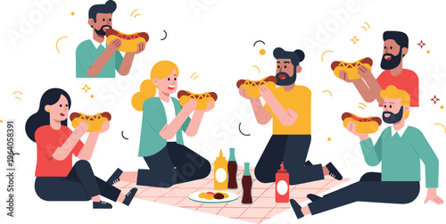 Group of friends having a picnic eating hot dogs and drinking soda while sitting on a blanket outdoors
