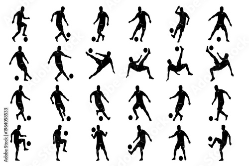 "Male Soccer Player Silhouettes Set – Vector Collection of Football Actions, Skills, and Dynamic Poses for Sports and Game Design
