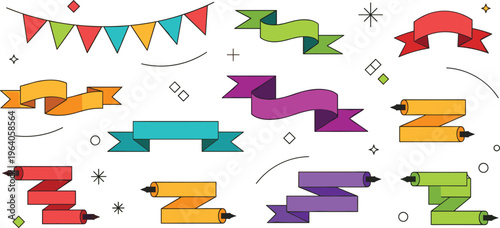 Colorful celebration vector set featuring party bunting flags and various decorative ribbon banners in a clean line art style